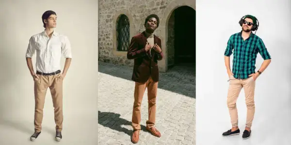 Three men showcase stylish outfits. The first wears a white shirt and camel pants. The second, a burgundy jacket over a tan turtleneck and camel pants. The third, a green plaid shirt and camel pants. These looks demonstrate what colors go with camel.