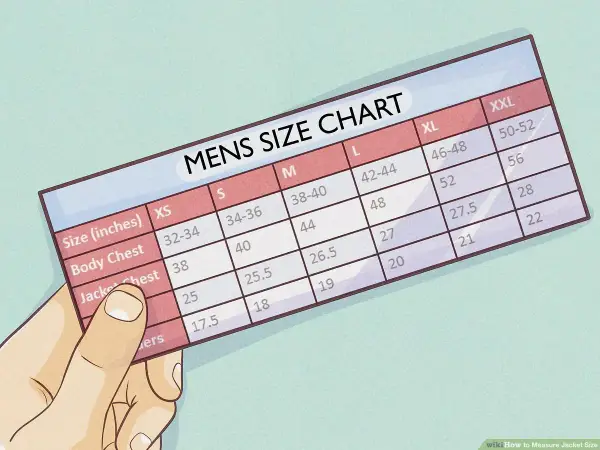 A hand holds a men's size chart, showing measurements for body chest and jacket chest, with a column for overarm measurement.