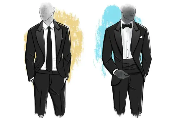 Two figures in tuxedos. One wears a tuxedo with a regular tie, the other a tuxedo with a bow tie and cummerbund.