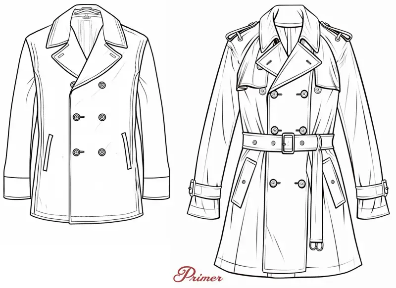 Line drawings showcase a classic trench coat with a belt and epaulets, contrasted with a shorter peacoat.