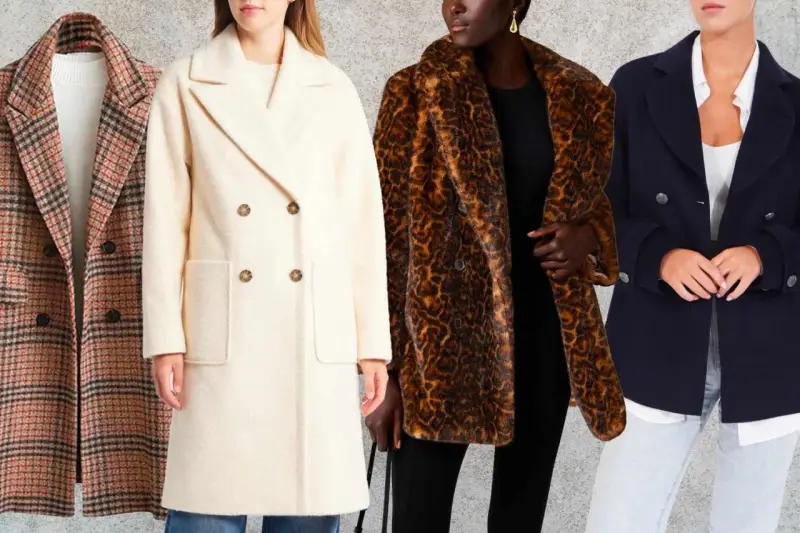 Four women model different peacoat styles: plaid, cream wool, leopard print faux fur, and navy blue.